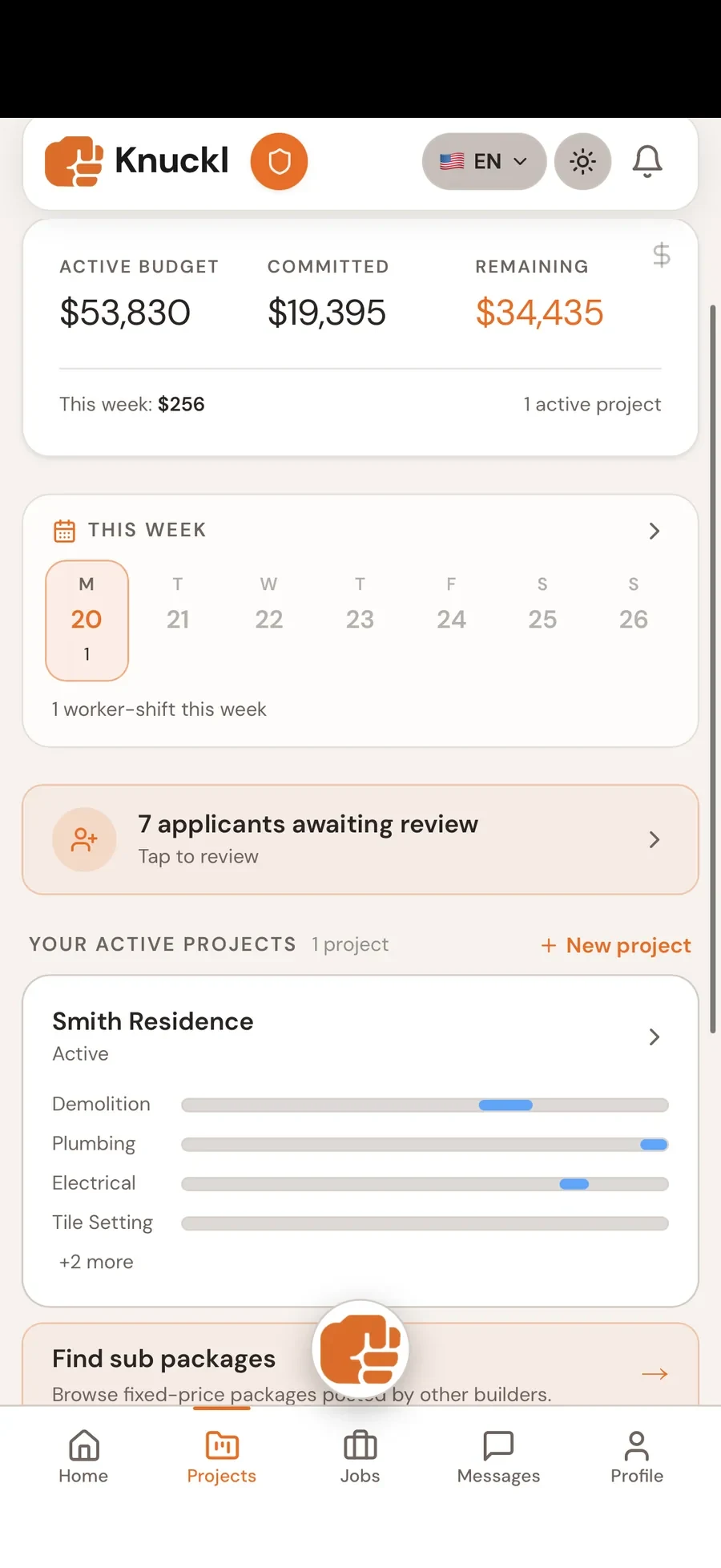 Contractor projects dashboard with budget and phases